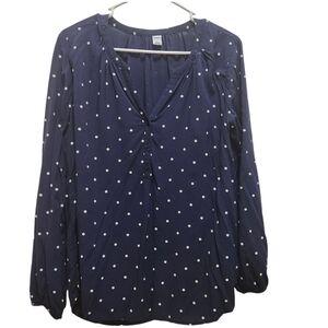 Old Navy Womens Top Large Blue Polka Dot V Neck Long Sleeve Curved Hem Career